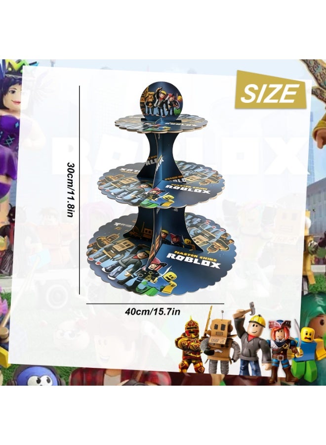 Roblox Themed Cake Stand – 3-Tier Roblox Cupcake Stand Roblox Birthday Party Decorations Roblox Dessert Tower Display for Party Decoration Supplies - Image 2