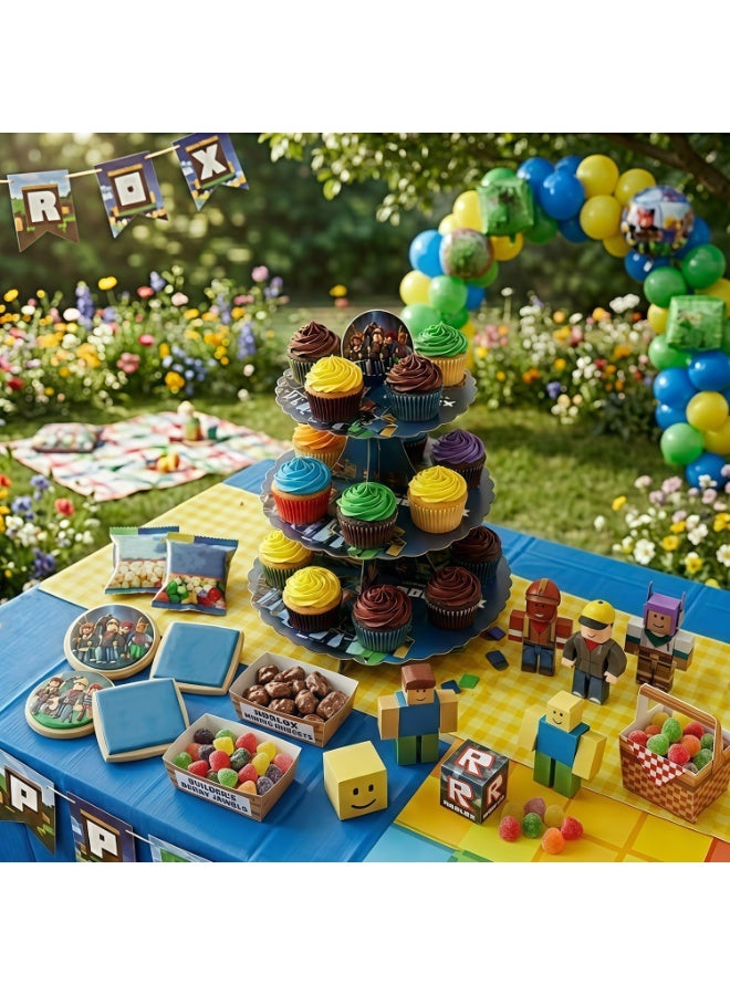 Roblox Themed Cake Stand – 3-Tier Roblox Cupcake Stand Roblox Birthday Party Decorations Roblox Dessert Tower Display for Party Decoration Supplies - Image 5