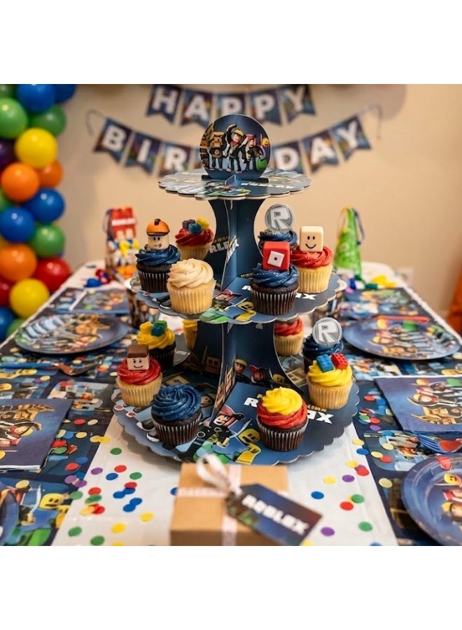 Roblox Themed Cake Stand – 3-Tier Roblox Cupcake Stand Roblox Birthday Party Decorations Roblox Dessert Tower Display for Party Decoration Supplies - Image 3
