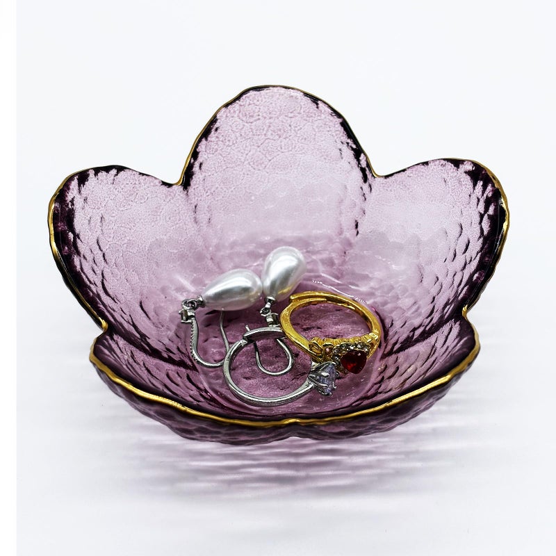 BESSKON Purple Flower Ring Dish, Small Glass Jewelry Dish Tray, Ring Holder Jewlery Tray Trinket Dish, Bathroom Nightstand Decor Jewelry Bowl Christmas Friendship Birthday Gifts for Women, Soap Dish - Image 1