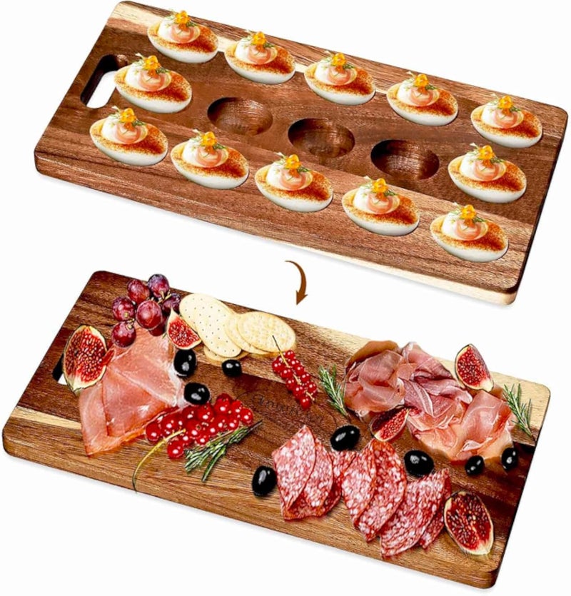 طبق وصينية بيض محشو. حامل بيض محشو متعدد الاستخدامات من خشب الأكاسيا السميك، يحتوي على 15 فتحة، مناسب للبيض المحشو، وألواح تقديم اللحوم الباردة، وألواح الجبن، مثالي لتجمعات الأعياد.