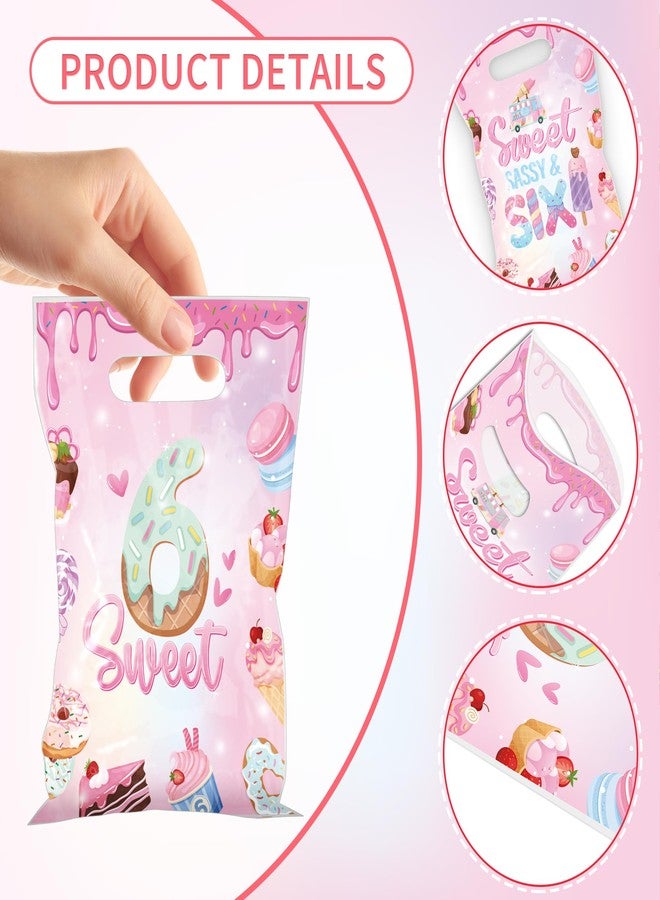 EoBeCy Sweet Sassy and Six Birthday Decorations for Girls, 50 Pcs 6th Birthday Plastic Treat Candy Goodie Treat Gift Bags with Handles, Pink Donut Ice Cream Themed 6 Year Old Party Favor Bags - Image 4