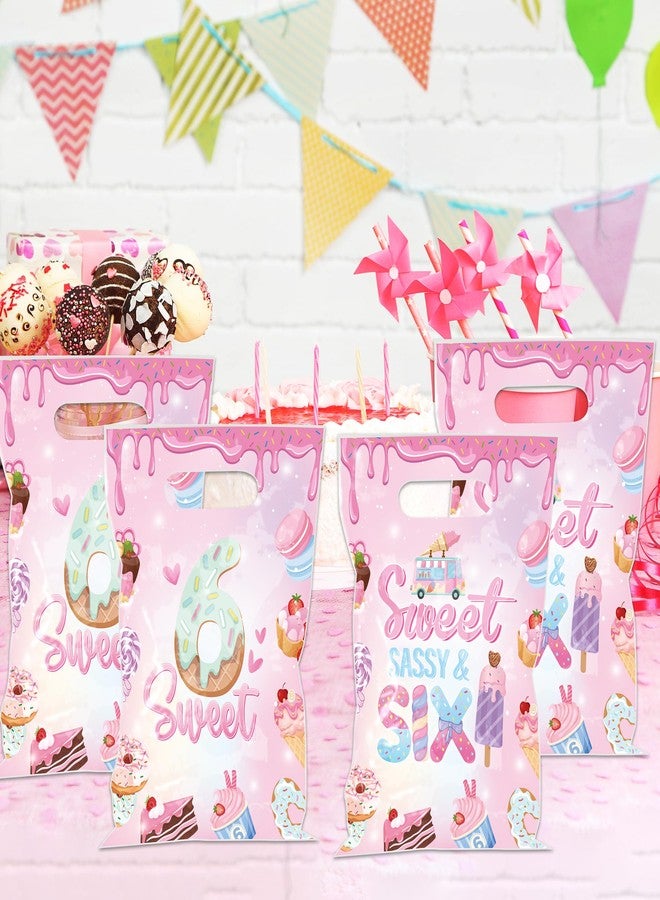EoBeCy Sweet Sassy and Six Birthday Decorations for Girls, 50 Pcs 6th Birthday Plastic Treat Candy Goodie Treat Gift Bags with Handles, Pink Donut Ice Cream Themed 6 Year Old Party Favor Bags - Image 5