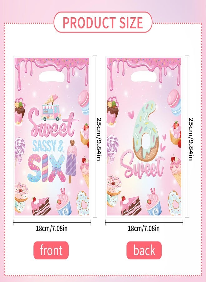 EoBeCy Sweet Sassy and Six Birthday Decorations for Girls, 50 Pcs 6th Birthday Plastic Treat Candy Goodie Treat Gift Bags with Handles, Pink Donut Ice Cream Themed 6 Year Old Party Favor Bags - Image 3