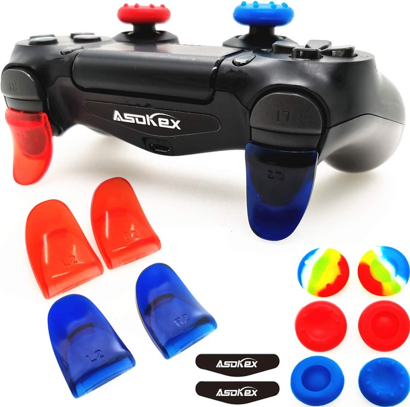 Asokex L2 R2 Triggers Ps4 (2 Pairs Trigger Extender,6Pcs Thumbstick Grips, 2 Pairs LED Light Bar Decal) for Ps4 Dualshock Controller(red&Blue) - Image 1