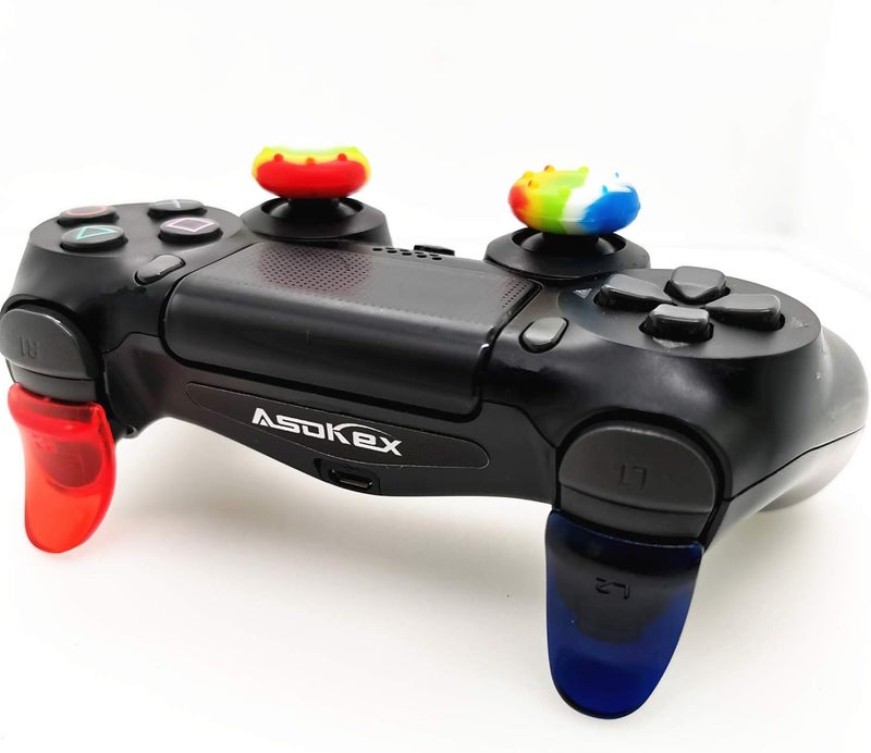 Asokex L2 R2 Triggers Ps4 (2 Pairs Trigger Extender,6Pcs Thumbstick Grips, 2 Pairs LED Light Bar Decal) for Ps4 Dualshock Controller(red&Blue) - Image 2