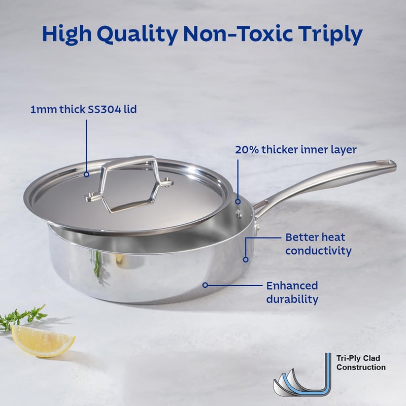 TRAMONTINA TRAMONTINA Aeion Triply 24cm28L Saute Pan with SS 304 Lid Healthy Non Toxic Curry StirFry Deep Fry Saute Induction Friendly Stay Cool Handle NSF Certified 10 Year Warranty  - Image 2