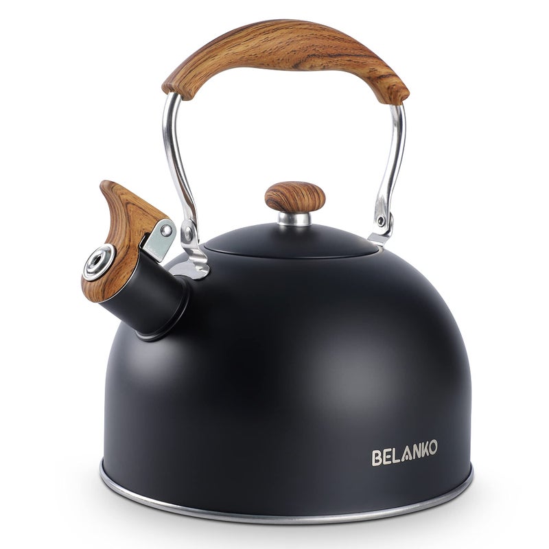 BELANKO Tea Kettle, BELANKO 85 OZ / 2.5 Liter Whistling Tea Kettle, Tea Pots for Stove Top Food Grade Stainless Steel with Wood Pattern Folding Handle, Loud Whistle Kettle for Tea, Coffee, Milk - Black - Image 1