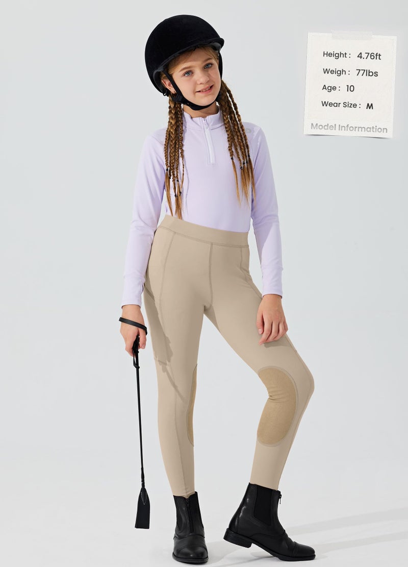 Willit Girls Horse Riding Pants Tights Kids Equestrian Breeches Knee-Patch Youth Schooling Tights Zipper Pockets Khaki M - Image 5