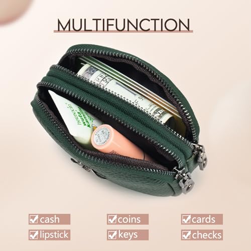 imeetu Women Leather Coin Purse, Small 2 Zippered Change Pouch Wallet(Green) - Image 3