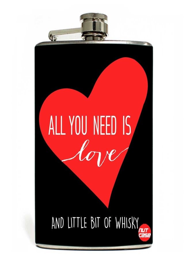 Designer Hip Flask 9 Oz Nutcase - with Free Funnel Along - All You Need is Love Black