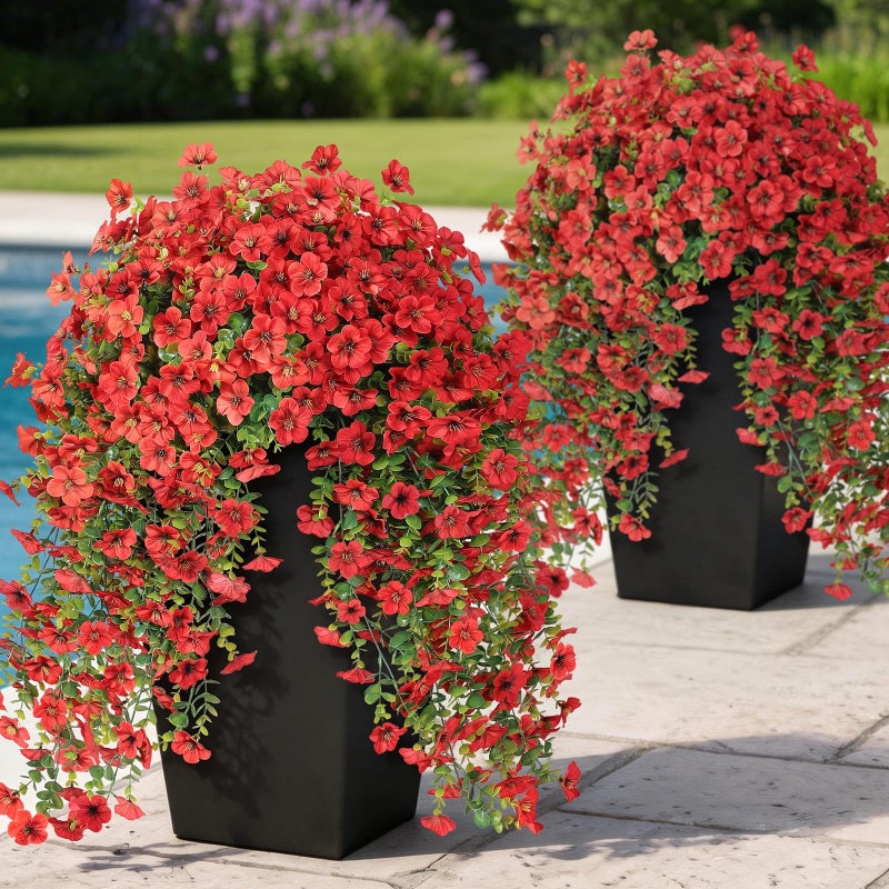 VIERENA 4 Bundles Artificial Hanging Morning Glory Flowers for Outdoor Realistic Hanging Flowers Silk Fake Morning Glory with Faux Eucalyptus for Yard Garden Porch Patio Balcony Home Decor Red - Image 2