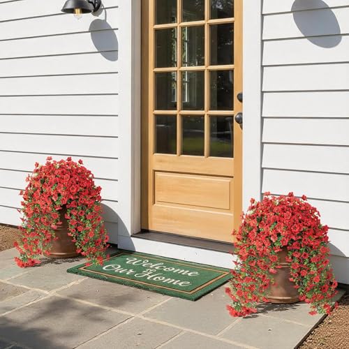 VIERENA 4 Bundles Artificial Hanging Morning Glory Flowers for Outdoor Realistic Hanging Flowers Silk Fake Morning Glory with Faux Eucalyptus for Yard Garden Porch Patio Balcony Home Decor Red - Image 3