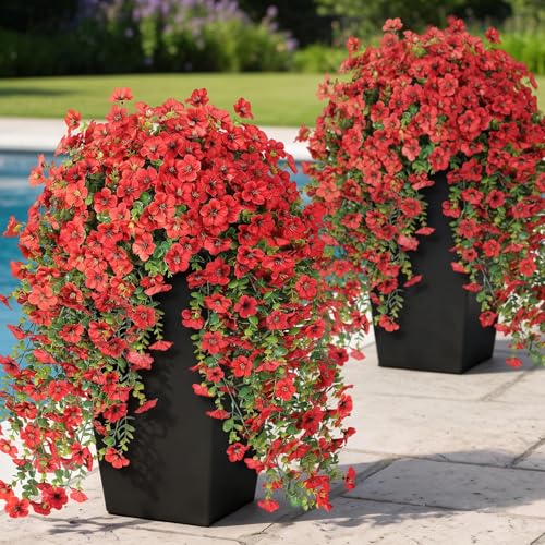 VIERENA 4 Bundles Artificial Hanging Morning Glory Flowers for Outdoor Realistic Hanging Flowers Silk Fake Morning Glory with Faux Eucalyptus for Yard Garden Porch Patio Balcony Home Decor Red - Image 1