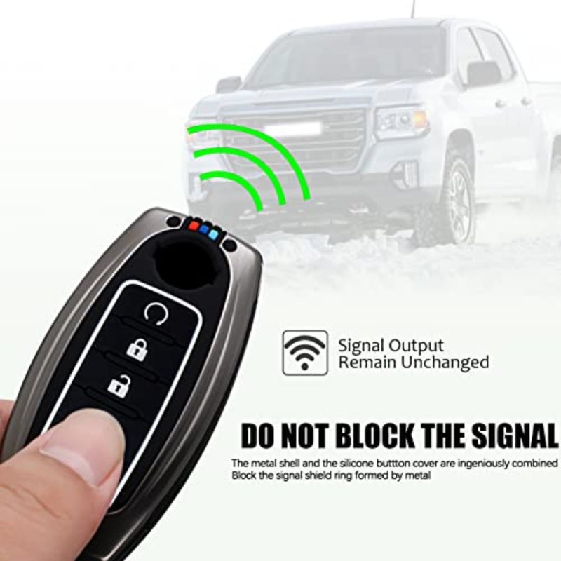 غطاء مفتاح Nissan Key Fob، غطاء معدني ممتاز وحافظة مفاتيح حماية كاملة من السيليكون الناعم متوافقة مع Altima Armada Maxima Murano Pathfinder Rogue 5 أزرار ذكية، رمادي معدني - Image 4