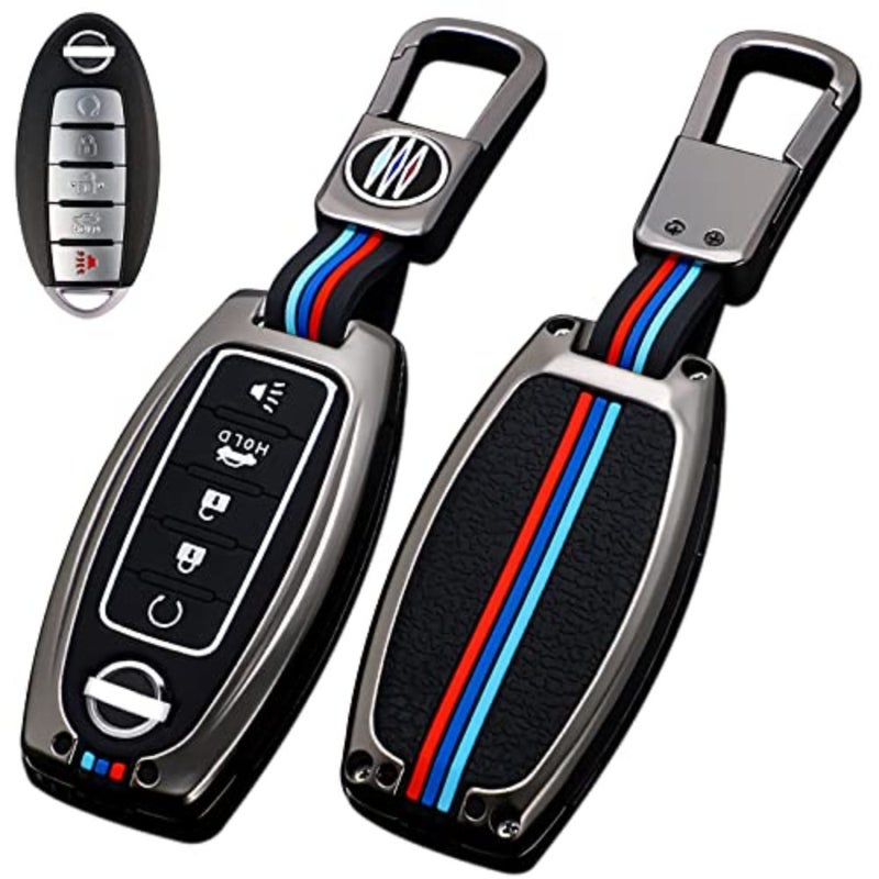 غطاء مفتاح Nissan Key Fob، غطاء معدني ممتاز وحافظة مفاتيح حماية كاملة من السيليكون الناعم متوافقة مع Altima Armada Maxima Murano Pathfinder Rogue 5 أزرار ذكية، رمادي معدني - Image 1