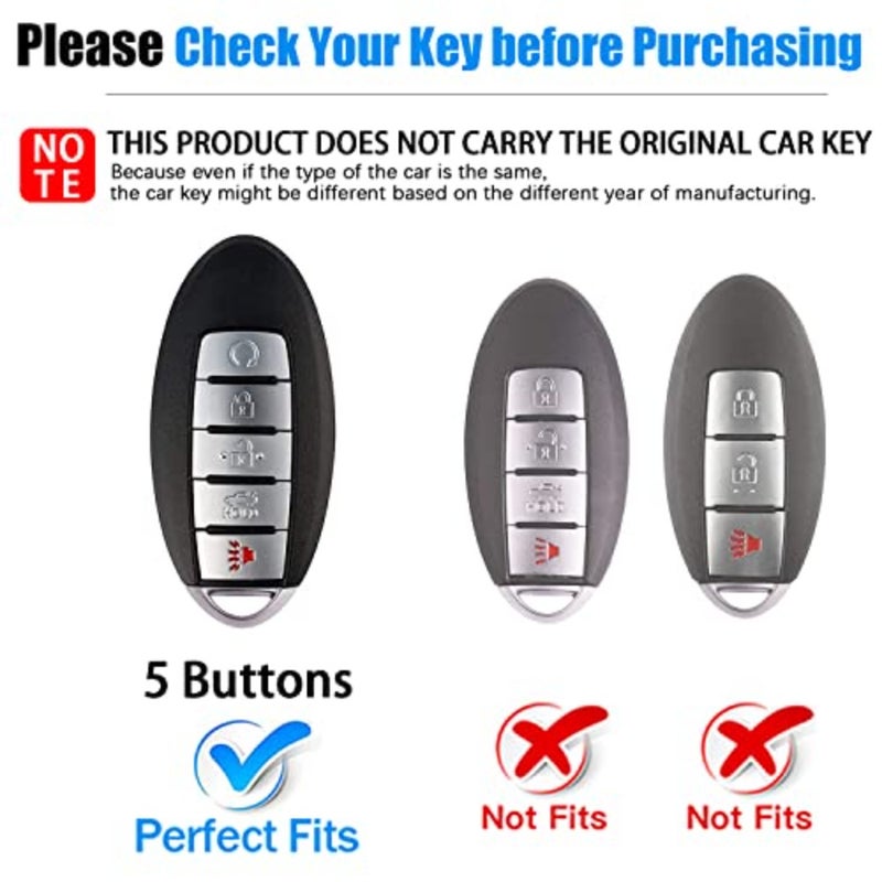غطاء مفتاح Nissan Key Fob، غطاء معدني ممتاز وحافظة مفاتيح حماية كاملة من السيليكون الناعم متوافقة مع Altima Armada Maxima Murano Pathfinder Rogue 5 أزرار ذكية، رمادي معدني - Image 2