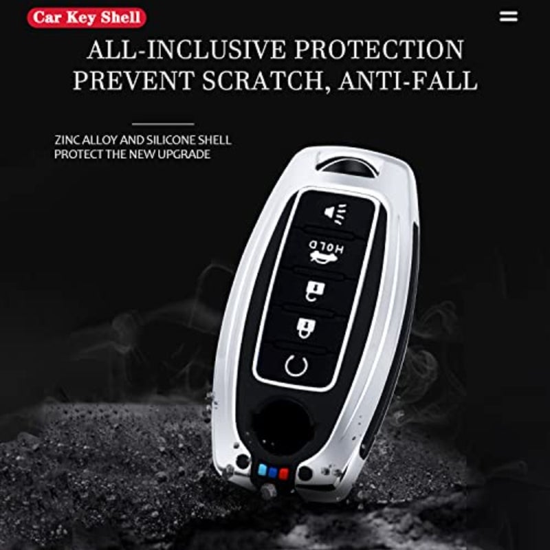غطاء مفتاح Nissan Key Fob، غطاء معدني ممتاز وحافظة مفاتيح حماية كاملة من السيليكون الناعم متوافقة مع Altima Armada Maxima Murano Pathfinder Rogue 5 أزرار ذكية، رمادي معدني - Image 5