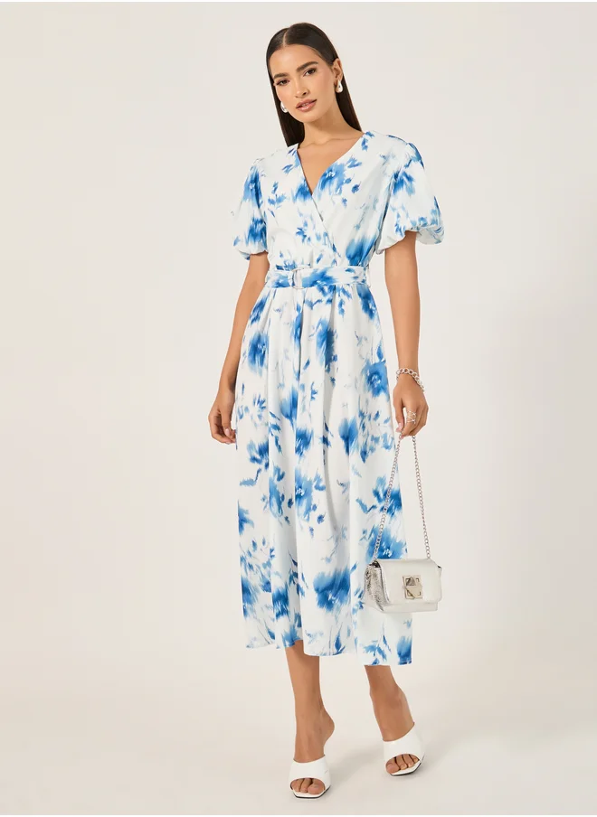 Styli Floral Print Balloon Sleeves A-Line Maxi Dress