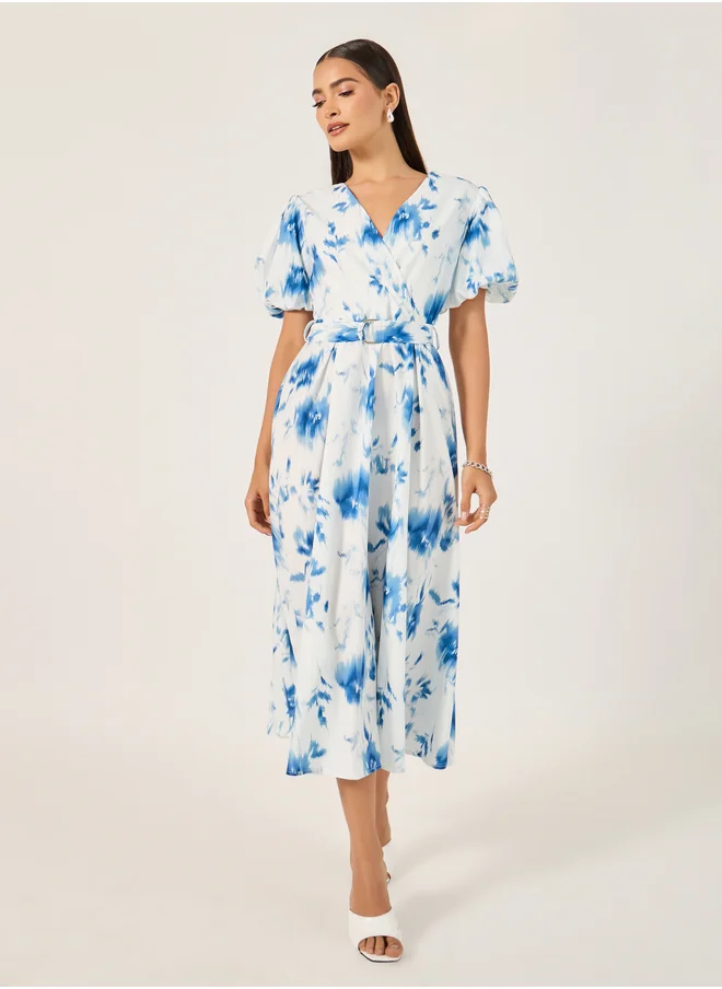 Styli Floral Print Balloon Sleeves A-Line Maxi Dress