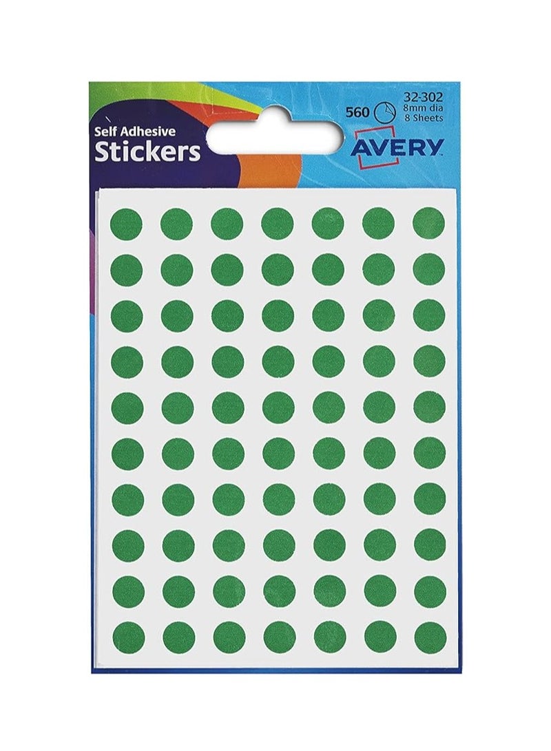 Avery 32-302 Packets of Dot Stickers (8 mm Dia, 560 Stickers) - Green - Image 1