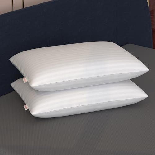 HAUSWAY Soft Pillows for Sleeping | Height Adjustable Microfiber Sleeping Pillow for Neck Pain and Shoulder Pain | Pillows Set 2 | Breathable & Washable | 41x61 cm | White Stripe | 6 Months Warranty - Image 1