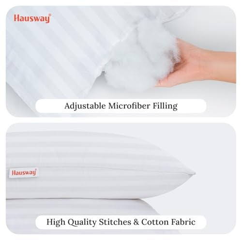 HAUSWAY Soft Pillows for Sleeping | Height Adjustable Microfiber Sleeping Pillow for Neck Pain and Shoulder Pain | Pillows Set 2 | Breathable & Washable | 41x61 cm | White Stripe | 6 Months Warranty - Image 4