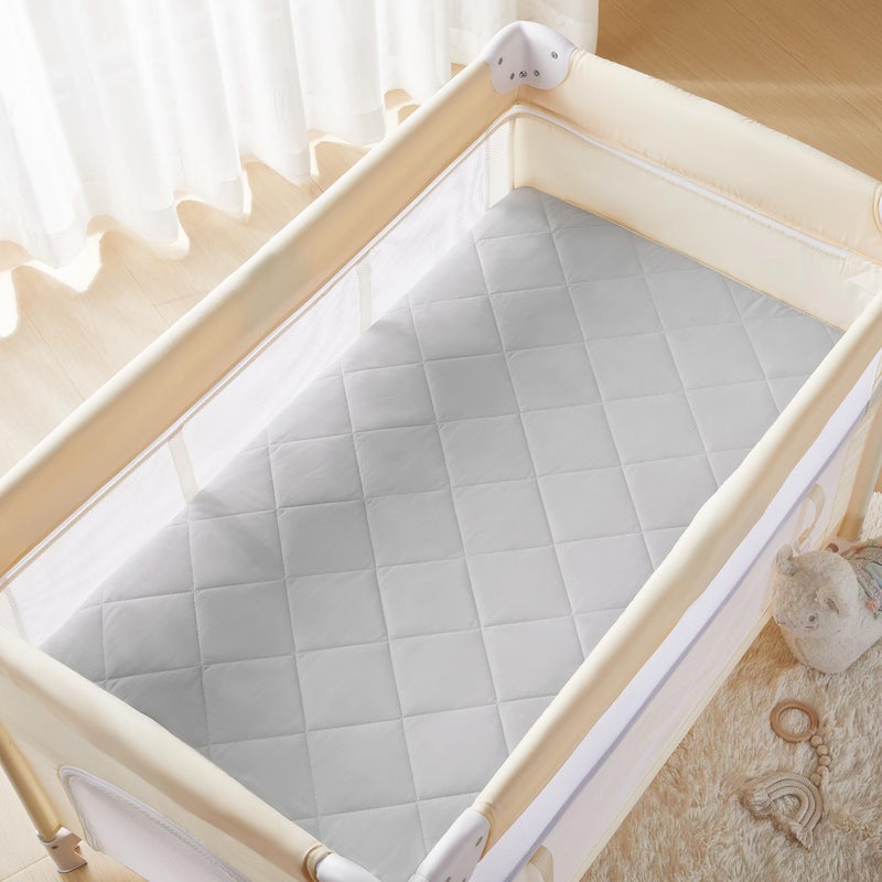 TILLYOU Pack and Play Sheets Pad Waterproof Play Yard Playpen Sheets Pad Soft Quilted Sheets with 13 Deep Pocket Breathable and Fluffy 39x27Light Grey