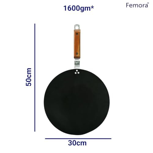 Femora 11.8-inch(29 cm) Iron Concave Tawa with Strong Wooden Handle – Perfect for Roti, Gas Stovetop Compatible, Black, Pack of 1 - Image 2