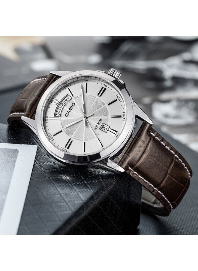 كاسيو ساعة كاسيو MTP-1381L-7AVDF للرجال – حزام جلد طبيعي | تصميم كلاسيكي مع عرض اليوم والتاريخ – قرص فضي - Image 2