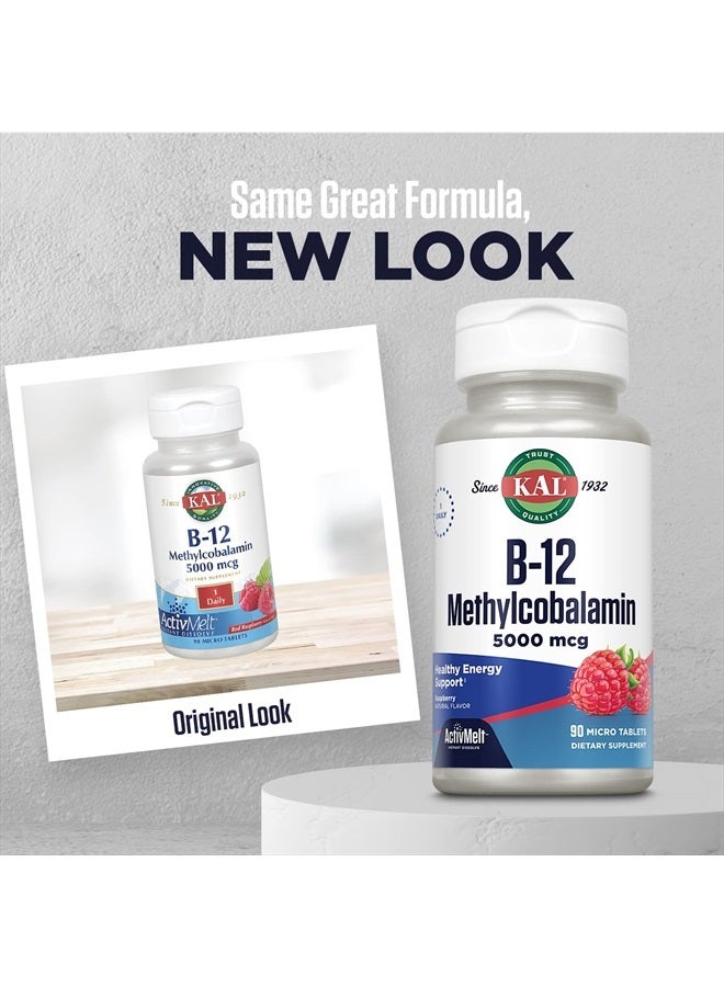 KAL Vitamin B12 Methylcobalamin 5000mcg, Healthy Energy, Metabolism, Nerve & Red Blood Cell Support,* Fast Dissolve ActivMelts, Optimal Absorption, Natural Raspberry Flavor, 90 Servings, 90 Micro Tabs - Image 2