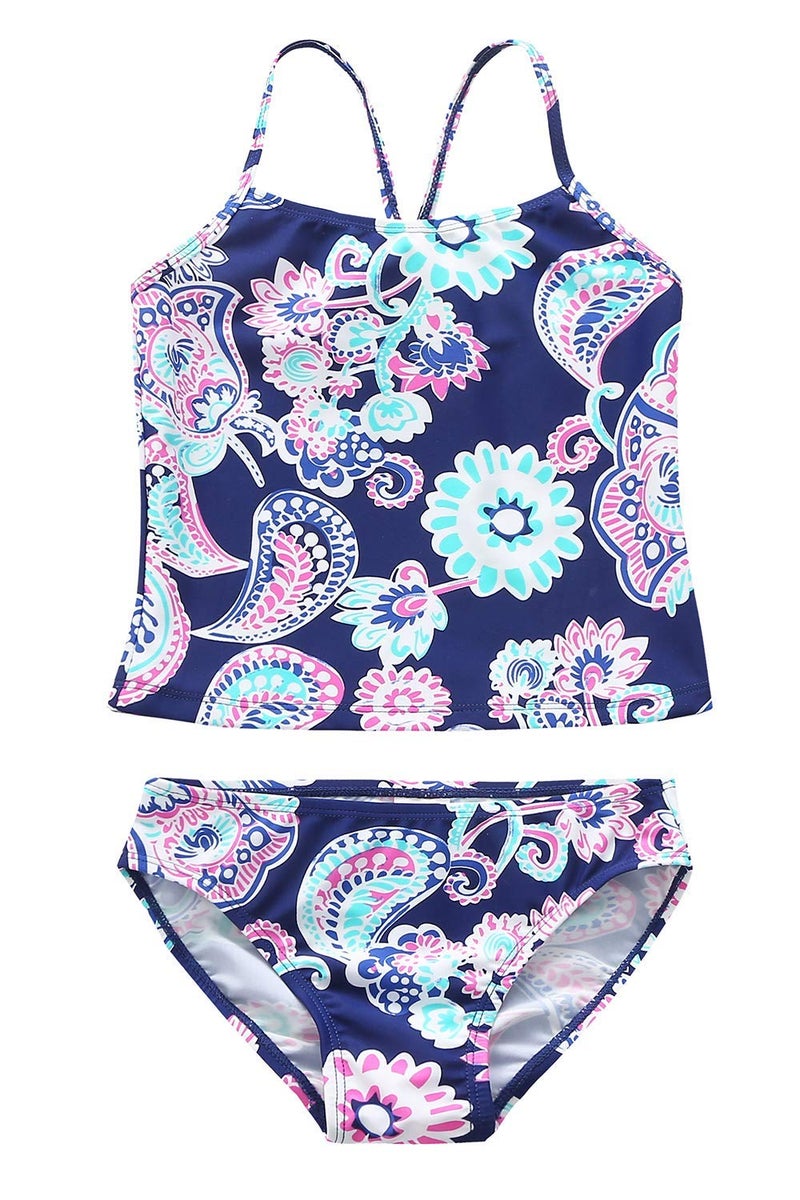 HowJoJo Girls Two Piece Tankini Swimsuit Hawaiian Ruffle Swimwear Bathing Suit Set Blue 6T/6x - Image 4