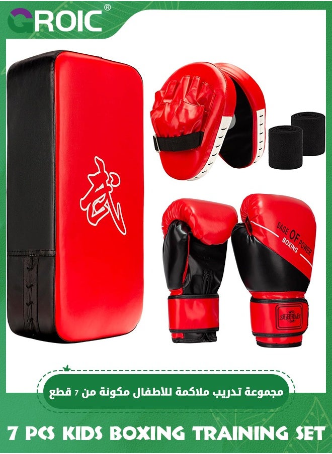 GROIC - 4-in-1 Kids Boxing Pads Gloves Kick Punching Mitts Set, Leather Hand Target Focus Pads, Muay Thai Pads for Kicking Taekwondo Karate Kickboxing, Youth Boxing Training Sparring Gear Equipment - Image 1