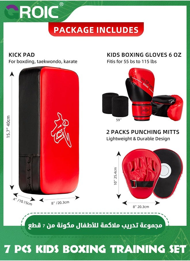 GROIC - 4-in-1 Kids Boxing Pads Gloves Kick Punching Mitts Set, Leather Hand Target Focus Pads, Muay Thai Pads for Kicking Taekwondo Karate Kickboxing, Youth Boxing Training Sparring Gear Equipment - Image 1