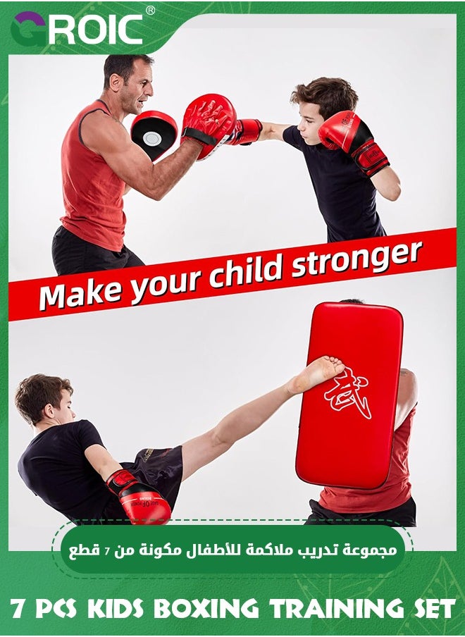 GROIC - 4-in-1 Kids Boxing Pads Gloves Kick Punching Mitts Set, Leather Hand Target Focus Pads, Muay Thai Pads for Kicking Taekwondo Karate Kickboxing, Youth Boxing Training Sparring Gear Equipment - Image 1