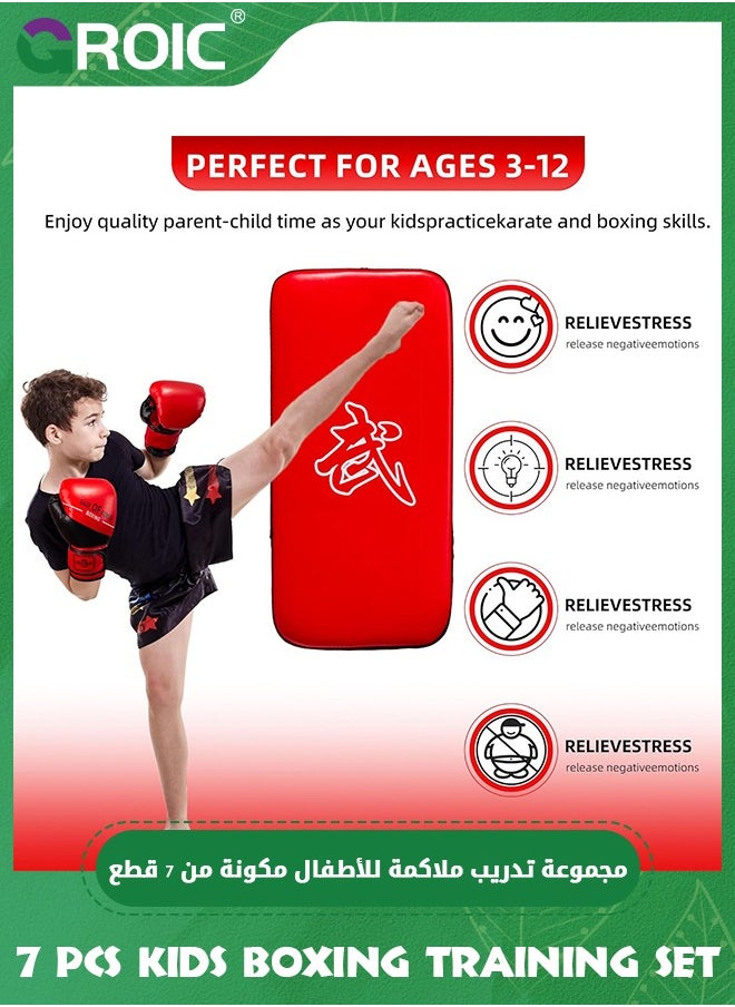 GROIC - 4-in-1 Kids Boxing Pads Gloves Kick Punching Mitts Set, Leather Hand Target Focus Pads, Muay Thai Pads for Kicking Taekwondo Karate Kickboxing, Youth Boxing Training Sparring Gear Equipment - Image 1