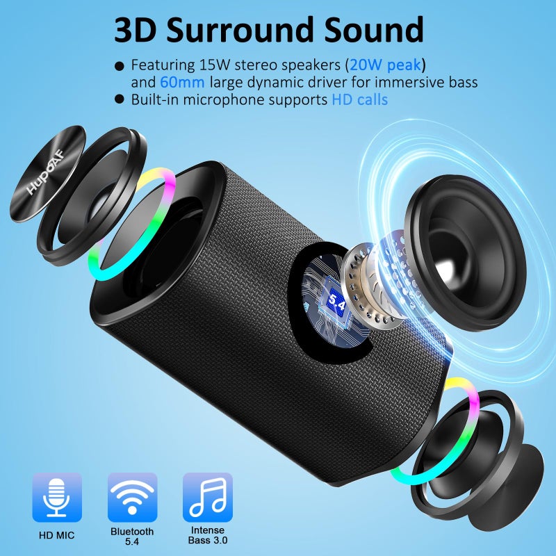 Hupoaf Bluetooth 5.4 Speaker, 2026 Wireless Bluetooth Speaker with 20W Stereo Deep Bass, HD Call, Colorful RGB Lights, TF-Card USB, TWS Pairing, IP-X7 Waterproof for Travel Party Home Beach Indoor Outdoor - Image 2