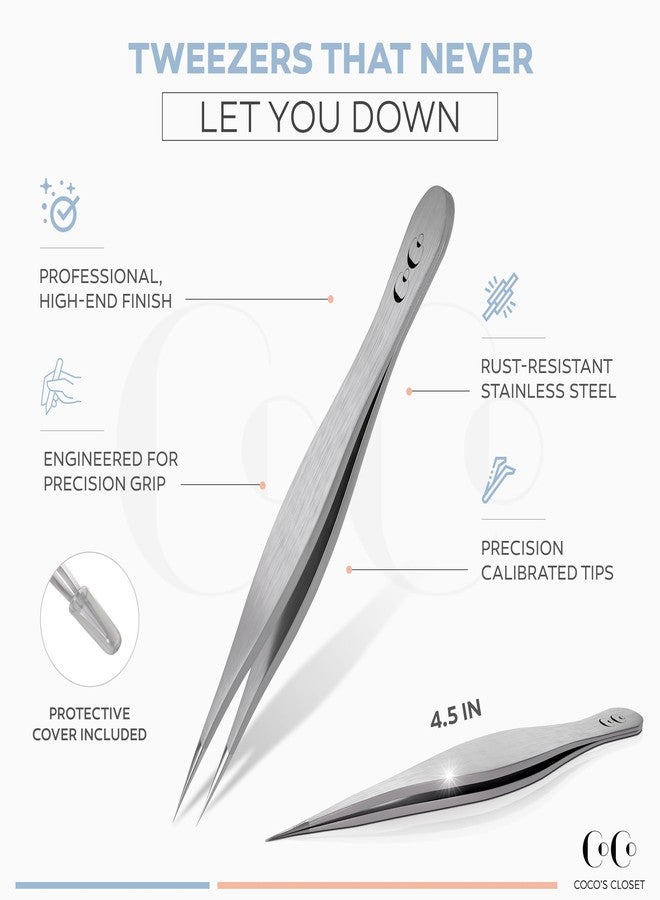 Coco's Closet Cocos Professional Pointed Tweezers for Ingrown Hair - Sharp Stainless Steel Needle Nose Tweezers for Splinters, Chin Hair & Blackheads - Precision Facial Hair Removal Tool for Men & Women - Image 3