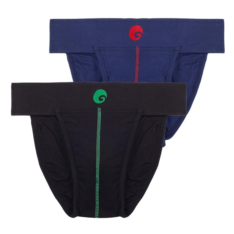 omtex Men's Athletic Neo Cotton Stretchable Supporter Back Covered with Cup Pocket, Ideal for Workout and Sports Quick Dry Moisture Wicking Underwear (Pack of 2), Black-Navy, Large - Image 1