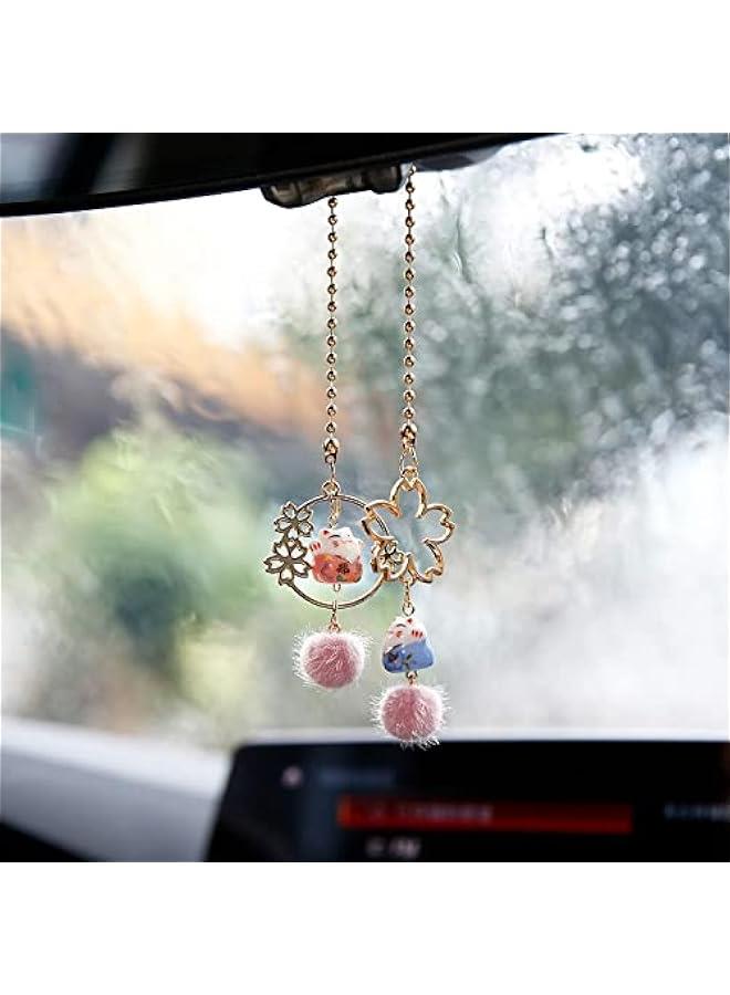 Generic Pair of Lucky Cat Car Interior Mirror Hanging Accessories Car Decor Mini Porcelain Maneki Neko Dangle Charm (Sakura Lucky Cat)  - Image 3