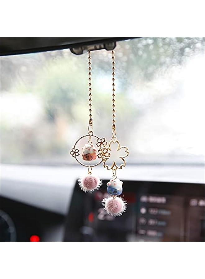 Generic Pair of Lucky Cat Car Interior Mirror Hanging Accessories Car Decor Mini Porcelain Maneki Neko Dangle Charm (Sakura Lucky Cat)  - Image 2