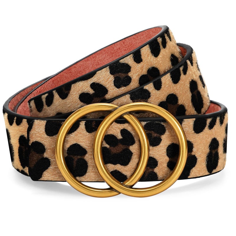 SANSTHS Womens Leather Belt for Jeans Pants Fashion Waist Belts Gold Double Ring Buckle,leopard,M - Image 1