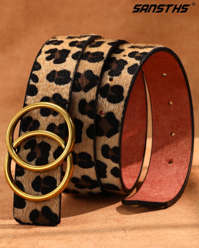 SANSTHS Womens Leather Belt for Jeans Pants Fashion Waist Belts Gold Double Ring Buckle,leopard,M - Image 3