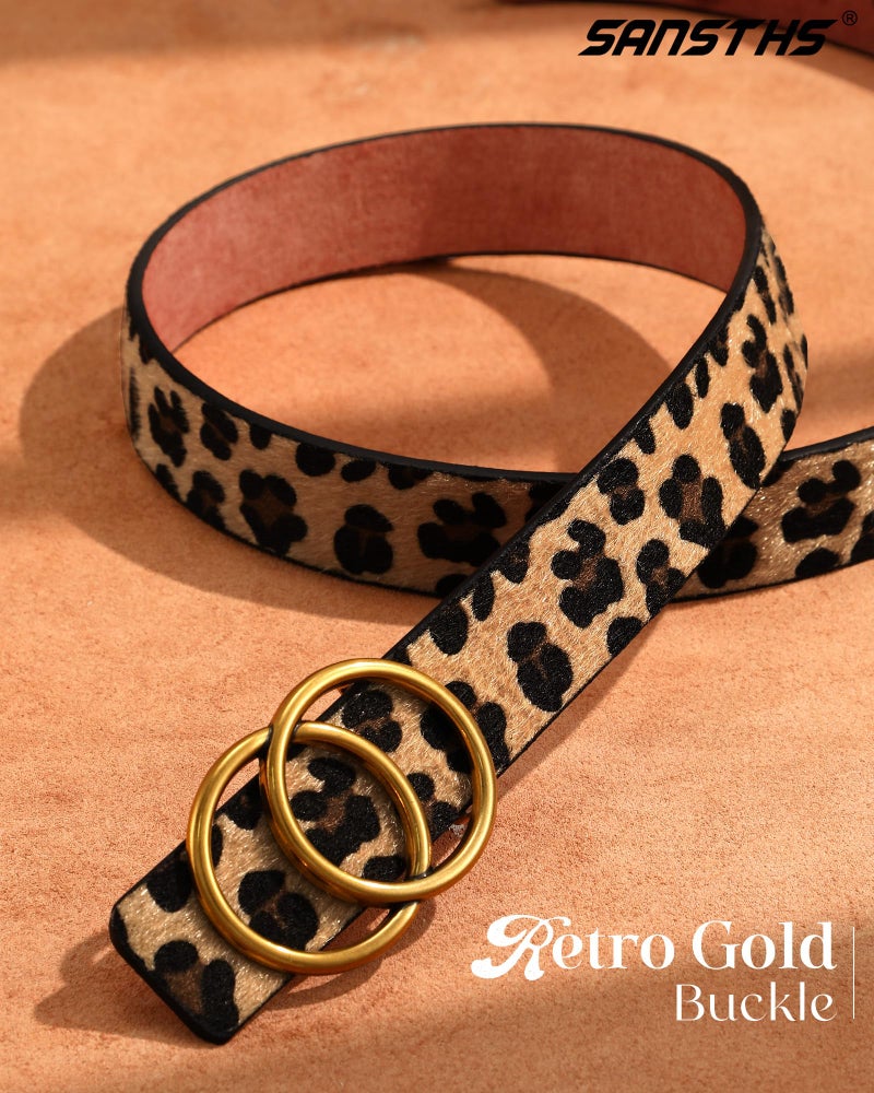 SANSTHS Womens Leather Belt for Jeans Pants Fashion Waist Belts Gold Double Ring Buckle,leopard,M - Image 2