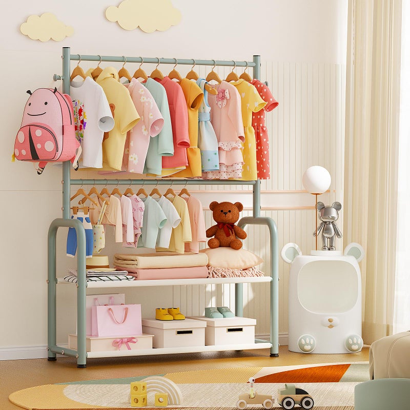 ZHKINGGS Kids Clothing Rack with 2-Layer Storage Shelf and 2 Adjustable Hanging Rods, Dress Up Rack for Hanging Clothes,Dress up Storage for Baby Toddle Kids(Classic, Green) - Image 5