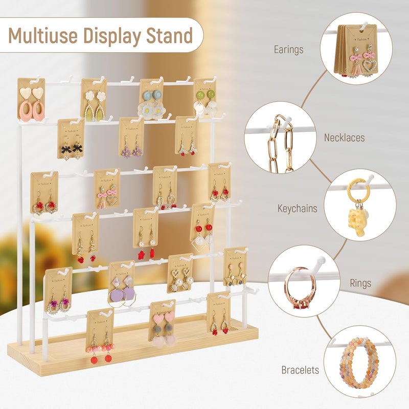 RNTBWD Earring Display for Vendors 6 Tier 42 Hooks Wood Earring Display Rack Holder for Earings Necklaces Rings Bracelets Keychains (White) - Image 2