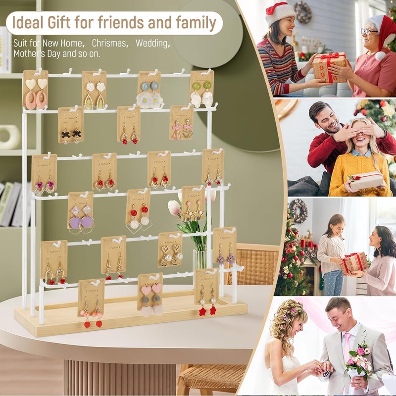 RNTBWD Earring Display for Vendors 6 Tier 42 Hooks Wood Earring Display Rack Holder for Earings Necklaces Rings Bracelets Keychains (White) - Image 3