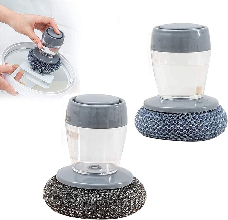 MALL Sky MALL Steel/PET Dish Scrubber, Soap Dispensing Palm Brush, Non-Scratch PET Brush with Soap Dispenser Set, Scouring Pad Pot Scrubber Metal Sponge Household Kitchen Utensil Cleaning Brush (2) - Image 1