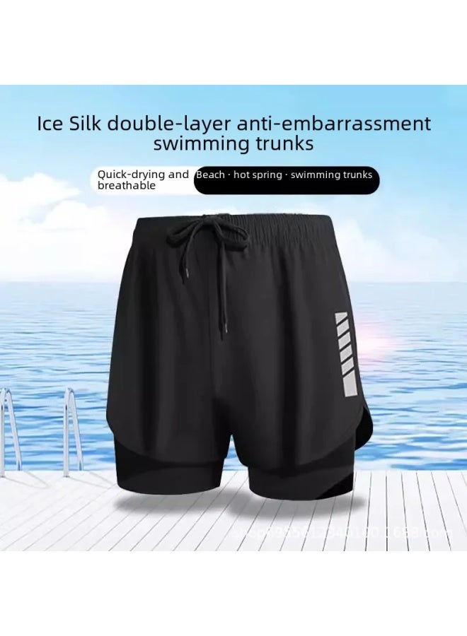 إسكدنيا سراويل سباحة رجالية بطبقة مزدوجة مضادة للإحراج سريعة الجفاف على الشاطئ سراويل سباحة رجالية بدلة سباحة 2023 شورت معدات السباحة - اللون: رمادي سراويل السباحة - - Image 3