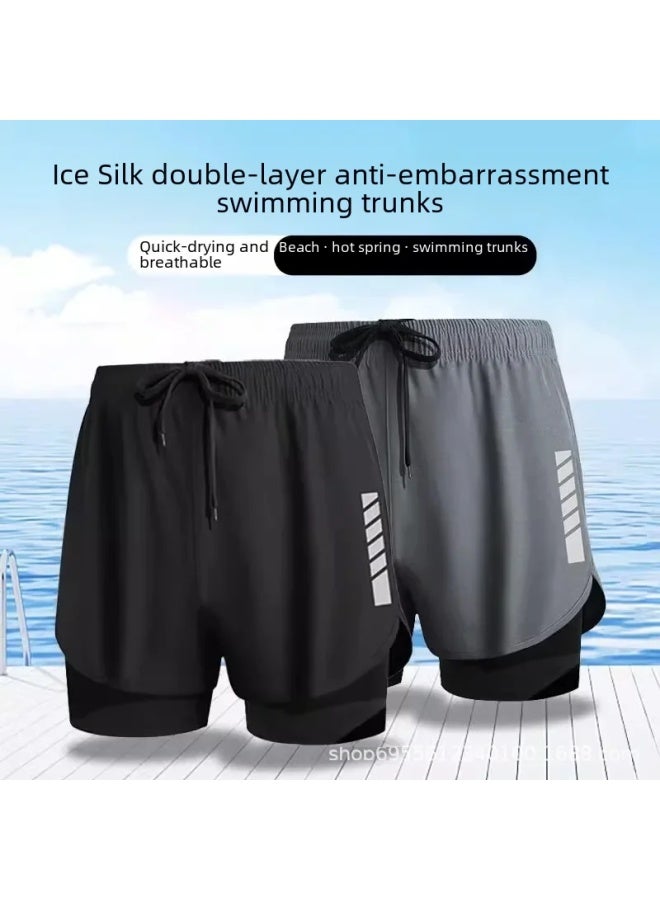 إسكدنيا سراويل سباحة رجالية بطبقة مزدوجة مضادة للإحراج سريعة الجفاف على الشاطئ سراويل سباحة رجالية بدلة سباحة 2023 شورت معدات السباحة - اللون: رمادي سراويل السباحة - - Image 2